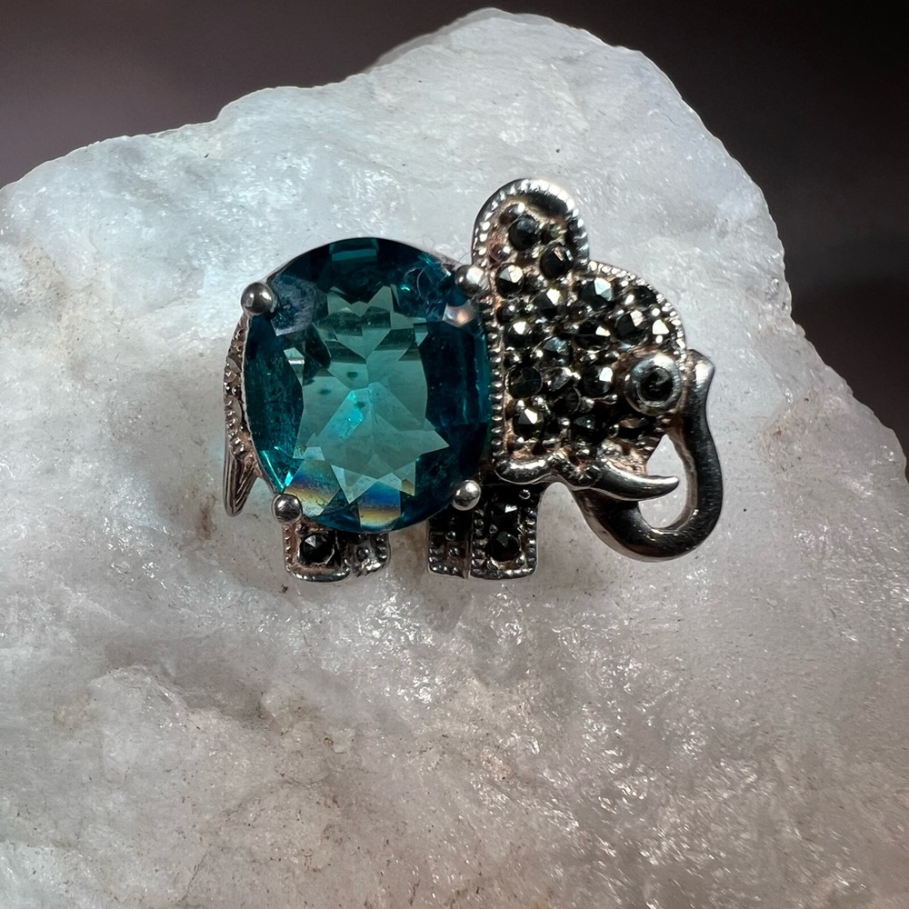 Vintage Signed 925 Sterling Silver Elephant Brooch Pin Blue Topaz And Marcasite